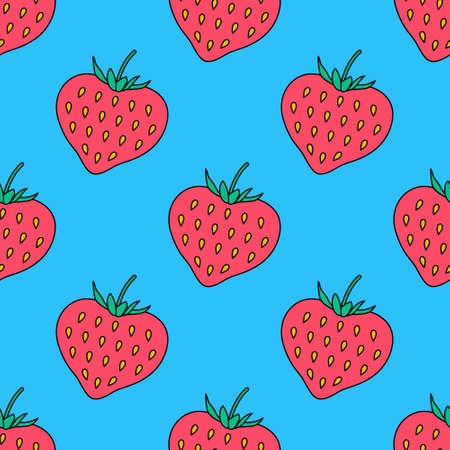 Cute strawberry hearts seamless pattern on a bright blue background for Valentines Day. Colorful strawberries pattern. Flat cartoon style. Can be used as a wallpaper, wrapping paper, textile printのイラスト素材