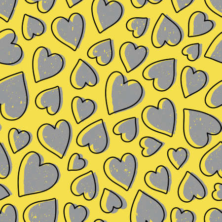 Cute hearts gray on yellow background for Valentines Day. Colors of the year 2021. Outlined hearts background.Textured seamless pattern with aged effect. Hand drawn doodle style. Vector illustration.のイラスト素材