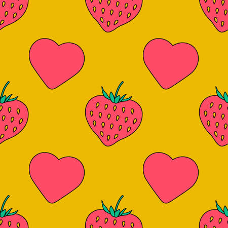 Cute Valentines Day seamless pattern with hearts and strawberry on a yellow background. Colorful strawberries and hearts vector pattern. Cartoon style. Can be used as wrapping paper, textile print etcのイラスト素材
