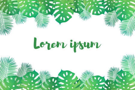 Tropical leaves frame. Background with bright watercolor palm leaves. A frame made of colorful tropical palm leaves on a white background. Can be used as a template for a banner, poster etcの写真素材