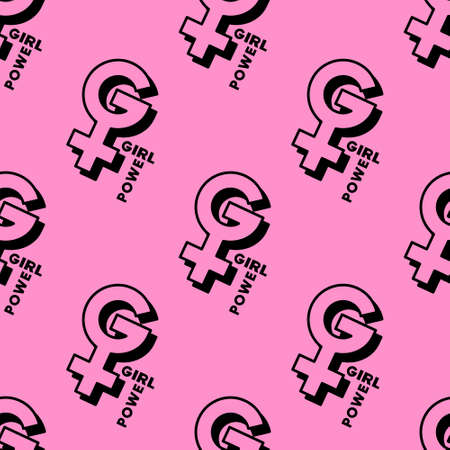 Girl power seamless pattern with female symbols on pink background. Bright pink background with woman gender symbols with black outline. Feminism theme. Comics style.のイラスト素材