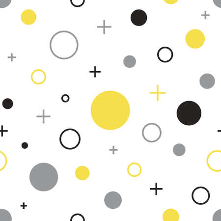 Geometric seamless pattern in white, yellow and gray colors of the year 2021. Trendy abstract pattern with circles and crosses on white background. Minimalist memphis style. Vector illustrationのイラスト素材