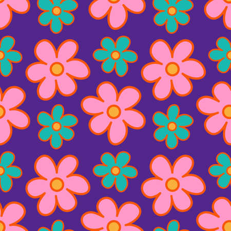 Bright flowers seamless pattern on a purple background. Hippy floral background in 1970s flat cartoon style. Can be used as a wallpaper, wrapping paper, textile print etc.のイラスト素材