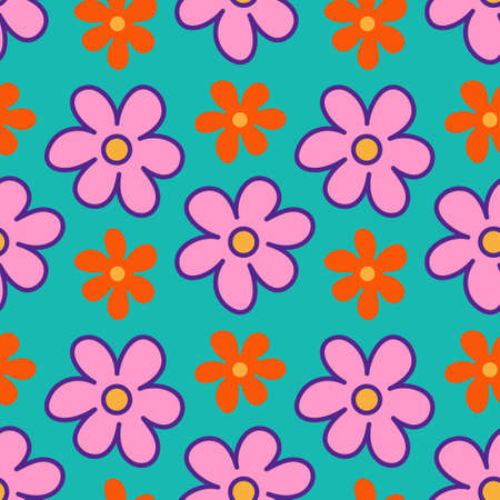 Cute flowers seamless pattern on a turquoise background. Hippy floral ornament in 1970s flat cartoon style. Can be used as a wallpaper, wrapping paper, textile print etc.のイラスト素材