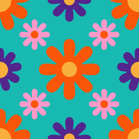 Hippy flowers seamless pattern on a turquoise background. Bright floral background in 1970s flat cartoon style. Can be used as a wallpaper, wrapping paper, textile print etc.のイラスト素材
