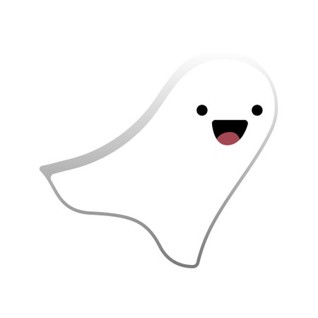 Ghost on white background. Funny white phantom in cartoon style for Halloween. Flat style icon for All Saints Dayのイラスト素材