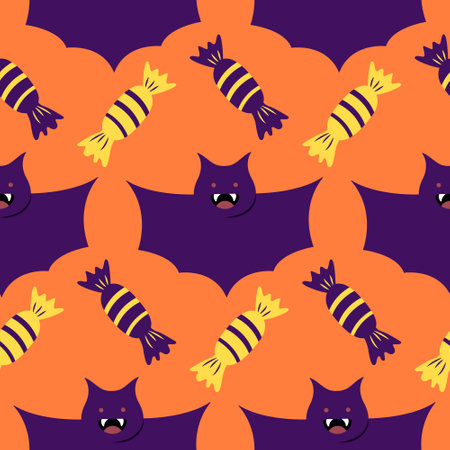 Halloween seamless pattern with bats and candies on orange background. Cute funny bats and sweets in flat cartoon styleのイラスト素材