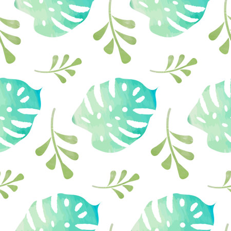 Tropical seamless pattern with palm leaves in pastel colors on a white background. Watercolor botanical illustration with beautiful green and turquoise exotic leavesのイラスト素材