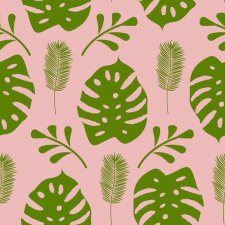 Tropic leaves seamless pattern on a pastel pale pink background. Botanical illustration with green exotic leaves in Boho style. Beautiful bohemian backgroundのイラスト素材