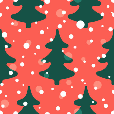 Christmas trees seamless pattern on red background. Cute background with firs and snow for New Year in minimalist flat cartoon style. Trendy pastel color palette. Vector illustrationのイラスト素材