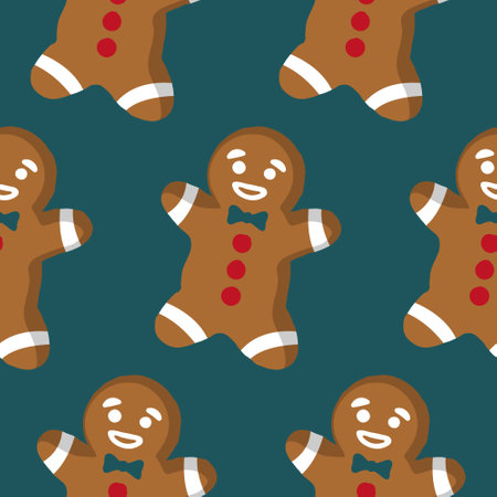 Christmas seamless pattern with gingerbread man cookies on a dark teal green background. Funny gingerbread cookies in cartoon style. A cute pattern for a wallpaper, wrapping paper, textile print etc.のイラスト素材