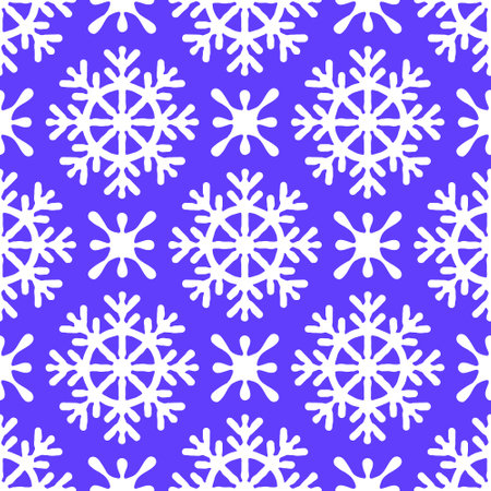 Seamless pattern with snowflakes on a violet background. Trendy background for Christmas and New Year with beautiful snowflakes in cartoon style for a wallpaper, textile print, wrapping paper.のイラスト素材