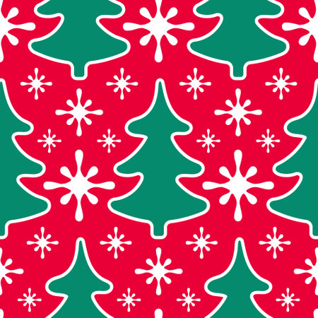 Seamless pattern with Christmas trees and snowflakes on a red background in Scandinavian style. Cute background for Christmas and New Year with fir trees for a wallpaper, textile print, wrapping paperのイラスト素材