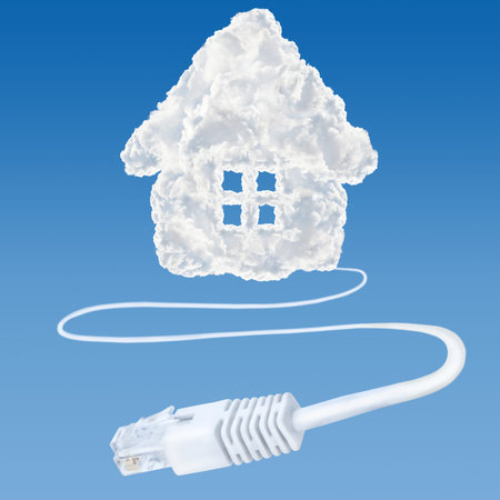 Ethernet-LAN cable coming out from cloud shaped house - data base conceptの写真素材