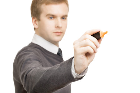 Man writing any text with marker on transparent surfaceの写真素材