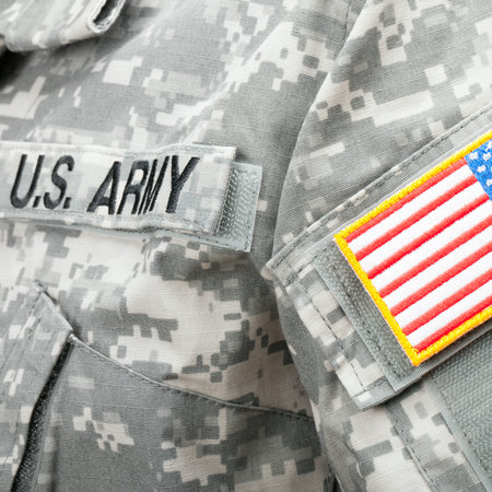 Studio shot of US flag shoulder patch on solder's uniform