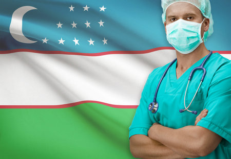 Surgeon with flag on background - Uzbekistanの写真素材