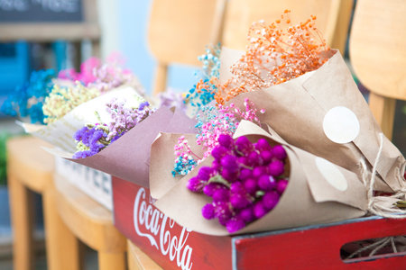 Wrapped bouquet of flowers in flower shopの写真素材