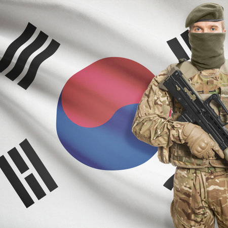 Soldier with machine gun and national flag on background series - South Korea