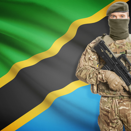 Soldier with machine gun and national flag on background series - Tanzaniaの写真素材