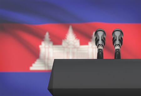 Pulpit and two microphones with a flag on background - Cambodiaの写真素材