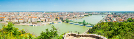BUDAPEST, HUNGARY - JUNE 15, 2016: Panoramic view on the Dunabe river with well-known Liberty Bridge connecting Buda and Pest in Budapest, Hungary - June 15, 2016のeditorial素材