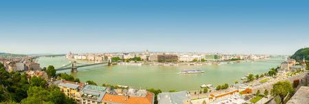 BUDAPEST, HUNGARY - JUNE 15, 2016: Panoramic view on the Dunabe river with famous Chain Bridge connecting Buda and Pest in Budapest, Hungary - June 15, 2016のeditorial素材