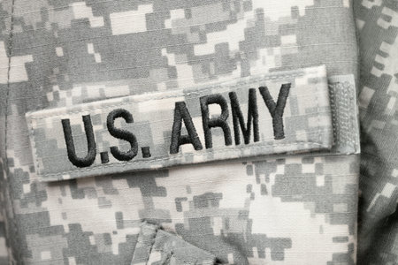Studio shot of U.S. ARMY chest patch on solders uniform