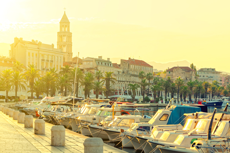 Split city marina at sunrise with boats moored in its harbor - Croatiaの写真素材