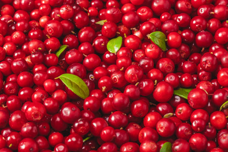 Fresh juicy organic cranberries with green leaf over it - close up shot