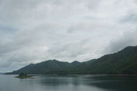 Landscape of mountain and lake in the rainy season, Thailand.の写真素材