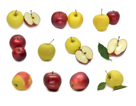 Red yellow apple with green leaf and slice isolated on white backgroundの写真素材