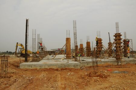 Ground floor column reinforcement bar and column in progress at construction site in on January 27, 2014 in Sepang, Selangor, Malaysia.のeditorial素材