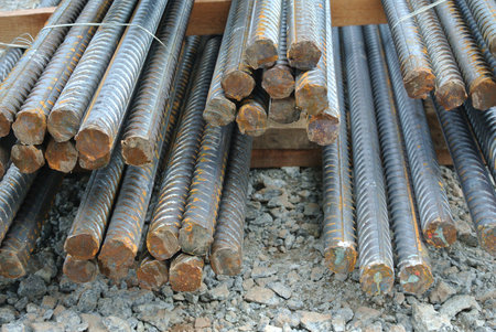 Hot rolled deformed steel bars a.k.a. steel reinforcement bar used at construction site as the...