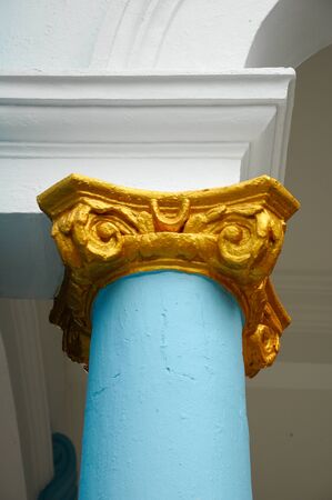 Architectural detail of Sultan Ibrahim Jamek Mosque. The mosque was built on 1927 and stand near the mouth of the Muar River at Muar Town, Johore, Malaysia. The mosque design has British influences.の写真素材