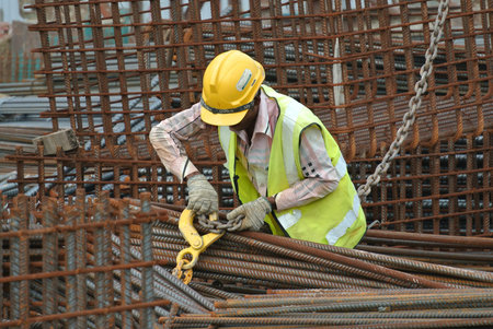 MELAKA, MALAYSIA  MAY 26, 2015: A construction worker hoisting the steel reinforcement bar at the construction site. The reinforcement bar was lifting using a crane.のeditorial素材
