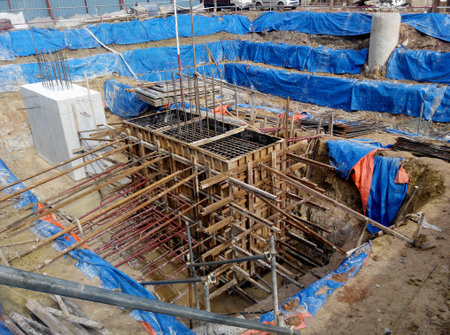 SELANGOR, MALAYSIA  June 16, 2015: Pile cap formwork with reinforcement bar in it at construction...