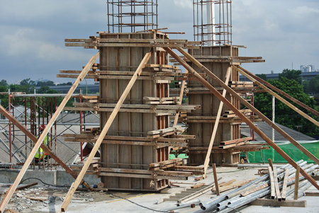 MALACCA, MALAYSIA -JUNE 18, 2016: Column timber form work and reinforcement bar at the construction...
