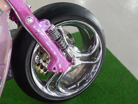 KUALA LUMPUR, MALAYSIA -AUGUST 29, 2017: Motorcycle wheels with tire, brake and other accessories.