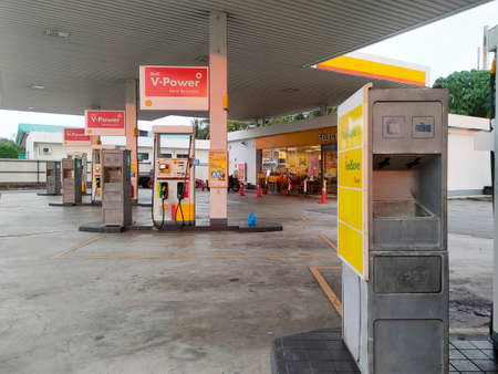SELANGOR, MALAYSIA -MARCH 05, 2020: Shell petrol station and fuel pump dispenser. Shell provided a self-service dispenser with a self-service payment method to avoid human interaction.のeditorial素材