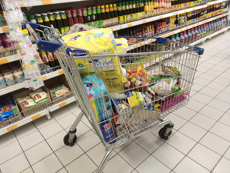 KUALA LUMPUR, MALAYSIA - MARCH 24, 2020: Groceries that have been picked up are placed in the cart...