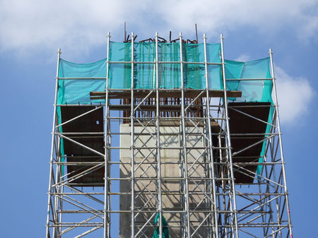 SHAH ALAM, MALAYSIA -AUGUST 8, 2020: Temporary staircase and falsework are used as a temporary...