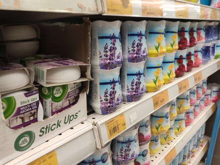 KUALA LUMPUR, MALAYSIA - OCTOBER 14, 2019: Various brand of car perfumes display for sale on the rack inside the supermarket. Sorted by the brand to make easy for the customer to choose.のeditorial素材