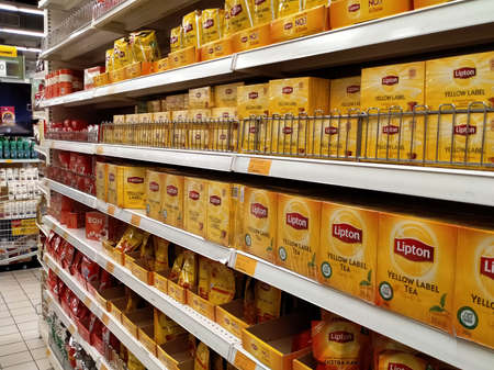 JASIN, MALAYSIA -JUNE 8, 2020: Selected focused on tea powder is sold in commercial packages and displayed on supermarket shelves for sale. Organized by the brand to facilitate customers.のeditorial素材