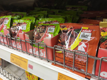 SEREMBAN, MALAYSIA -APRIL 2, 2020: The spices are sold in commercial packages and are displayed on shelves in the supermarket. Sort by brand and type to make it easier for customers to buy.の写真素材