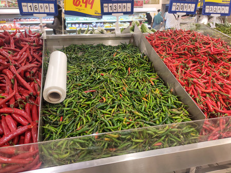 SEREMBAN, MALAYSIA -SEPTEMBER 6, 2020: Various types of vegetables are displayed on shelves for sale...