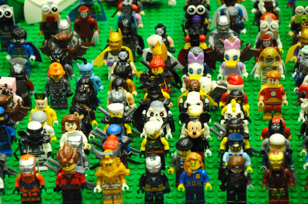 KUALA LUMPUR, MALAYSIA -MARCH 5, 2020: Comic and movies characters presented in the plastic blocks. Wearing their costumes. Collected together by collectors and exhibited for sale. In mini size.のeditorial素材