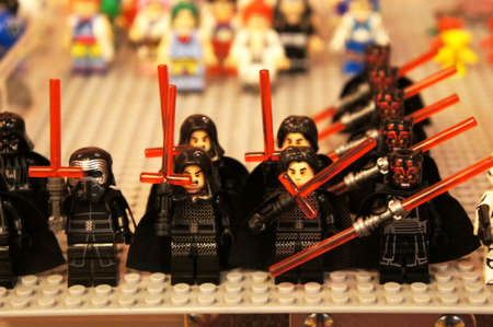 KUALA LUMPUR, MALAYSIA -MARCH 5, 2020: Comic and movies characters presented in the plastic blocks. Wearing their costumes. Collected together by collectors and exhibited for sale. In mini size.のeditorial素材