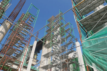 SEREMBAN, MALAYSIA -MAY 24, 2020: Temporary access and metal staircase made from staging,...