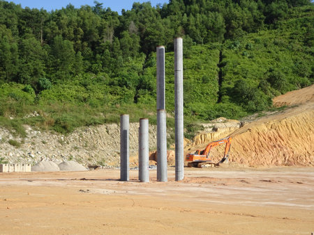 IPOH, MALAYSIA -MARCH 03, 2020:  Bore pile materials made from strong precast concrete designed by...